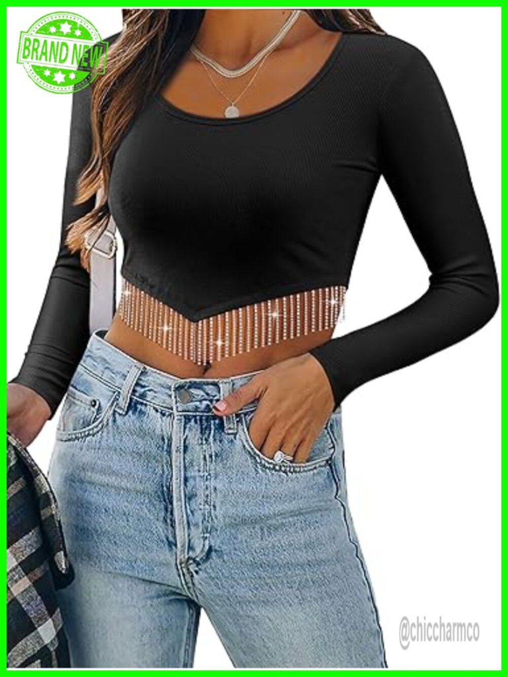 Rhinestone Fringe Long Sleeve Crop Top Slim Fit Pull On